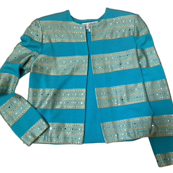 Vintage Y2K St. John Collection Turquoise Sequin Knit Crop Blazer Pants Set Size - Picture 11 of 16